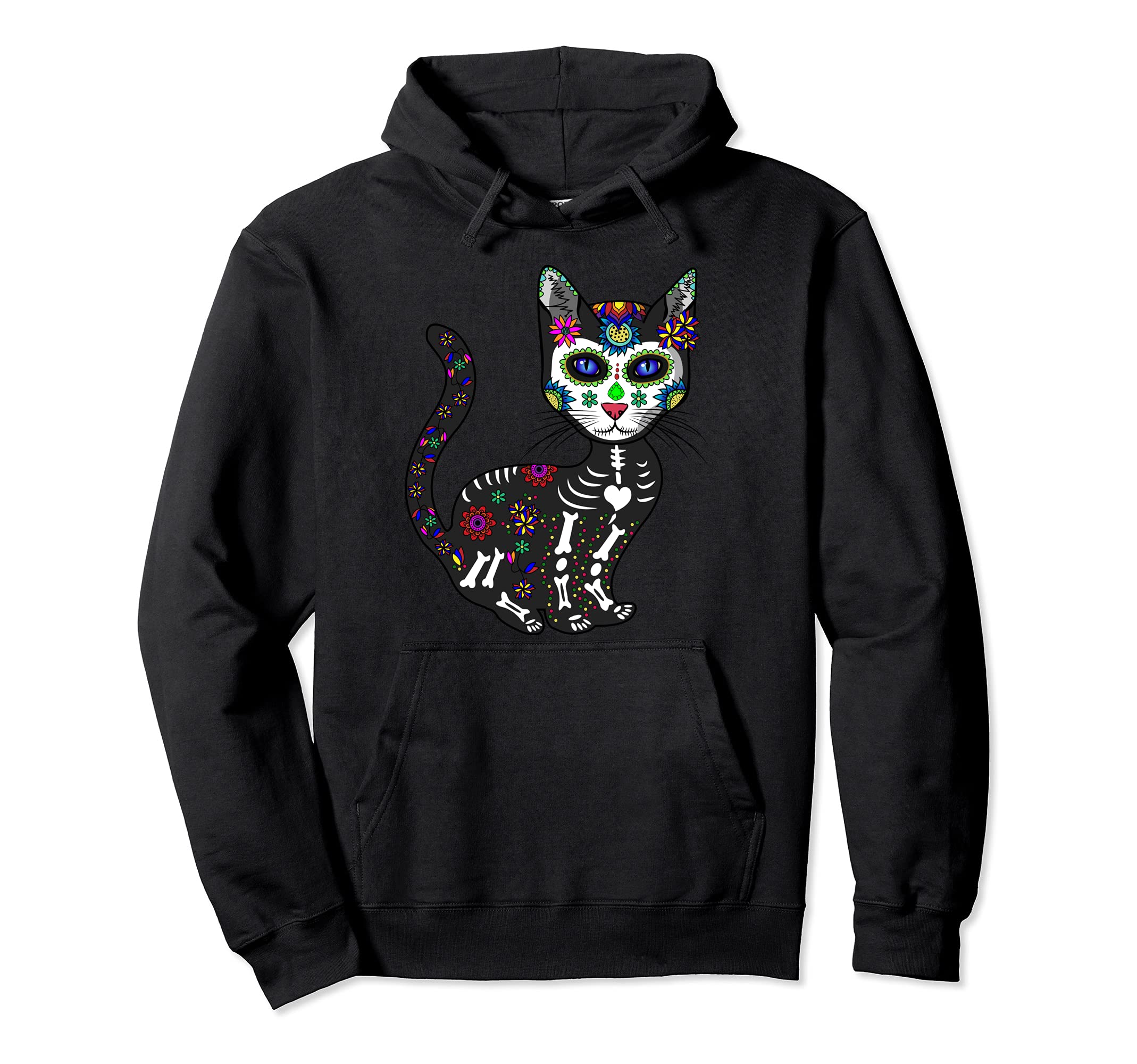 Craneo De Gato Sugar Skull Cat Halloween Dia De Los Muertos Pullover Hoodie
