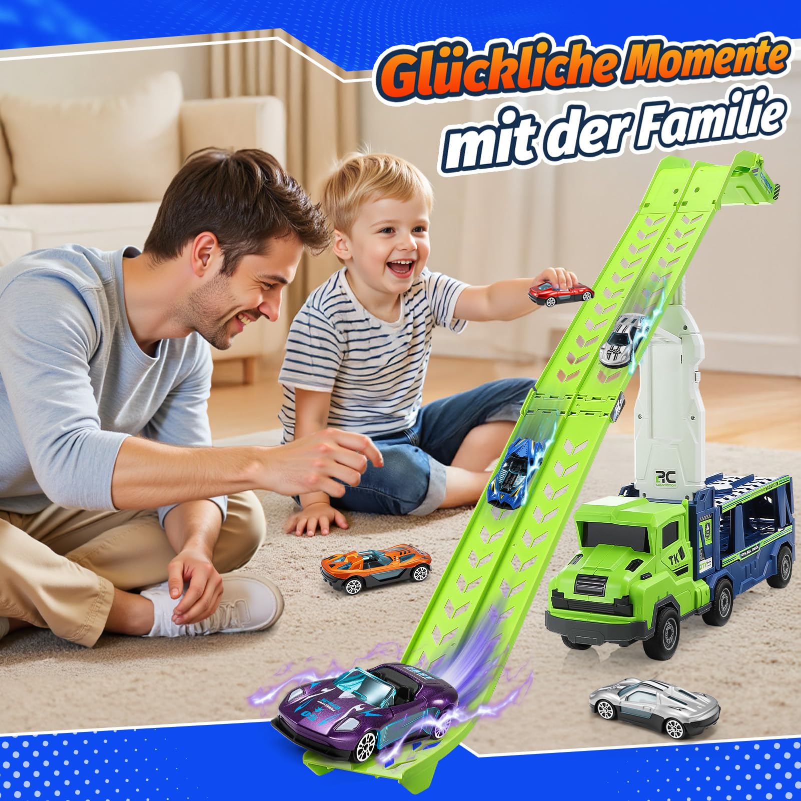 Kinderspielzeug ab 3 4 5 6 7 8 Jahre,LKW Transporter Truck Geschenk Junge 2-6 Jahre Faltbare Rennbahn Truck Spielzeug ab 6 7 8 Jahre Truck Spielzeugauto Kinder Geburtstagsgeschenk Junge 3-8 Jahre 2