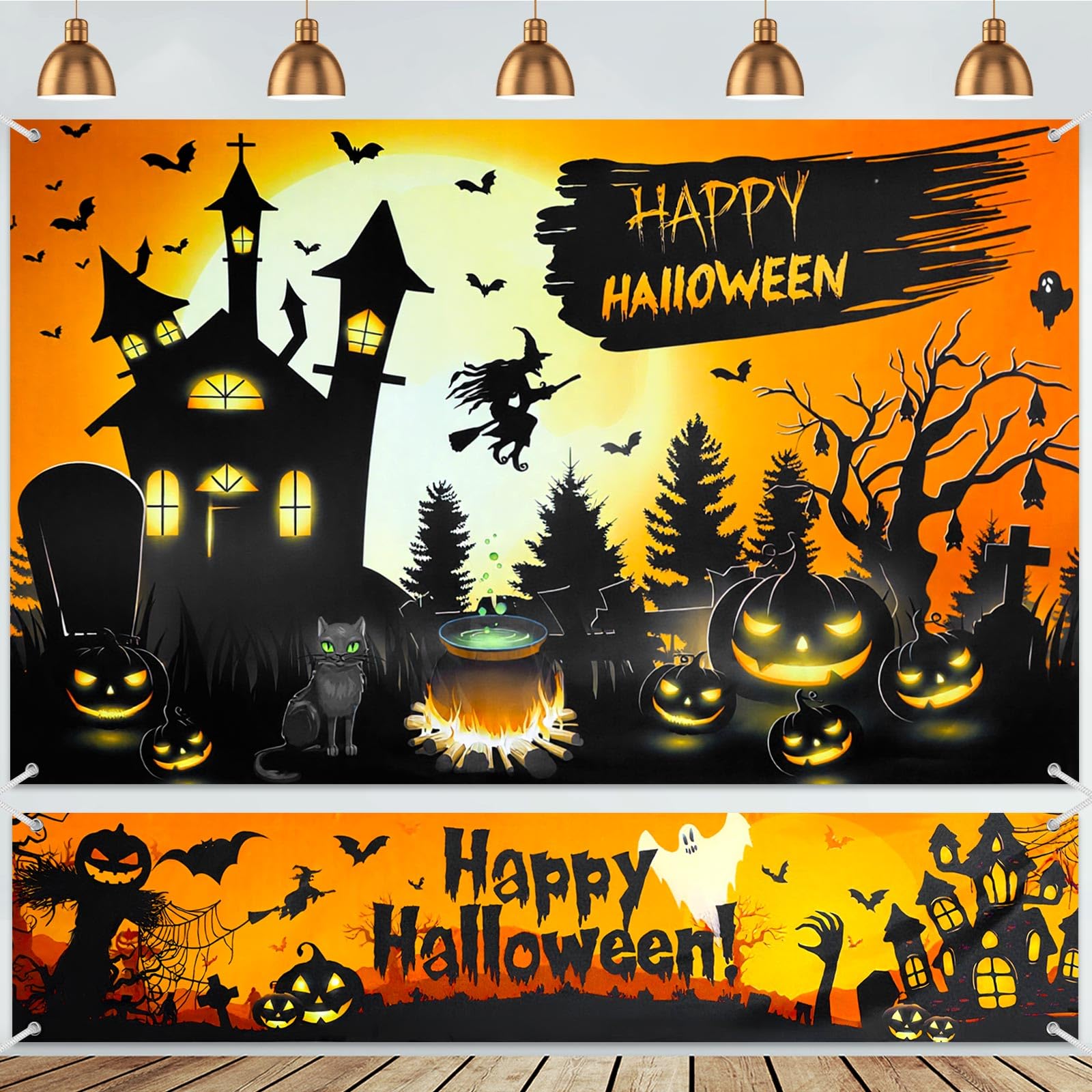 Photo 1 of *****Factory seal*****
 
Hahafelt 2 Pcs Happy Halloween Backdrop 6 x 3.6ft, Halloween Banner Large Yard Sign 71 x 15.7 Inch Witches Pumpkin Bat Ghost Background Photo Booth Props for Indoor Outdoor Party Decoration