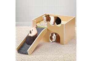 MEWTOGO Upgraded Guinea Pig Castle, Sturdy Wooden Guinea Pig Hideout, Small Animal House Bed Hut Habitats with Stairs, Easy to Assemble for Hamsters Bunny Chinchillas Playing Hiding