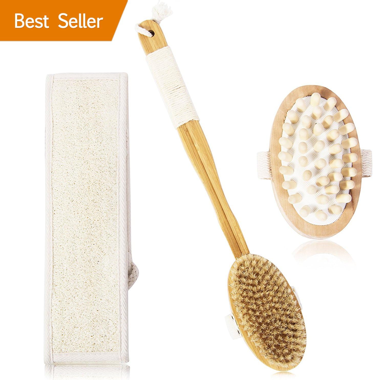 Dry Brushing Body Brush, Exwell Natural Bristles Body Brush Exfoliating, Wet/Dry Back Brush Long Handle for Shower, Loofah Back Scrubber, Meridians Brush