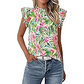 PRETTYGARDEN Women's Ruffle Short Sleeve Summer Tops 2026 Trendy Floral Trim Neck Casual Dressy Chiffon Boho Blouses Shirts