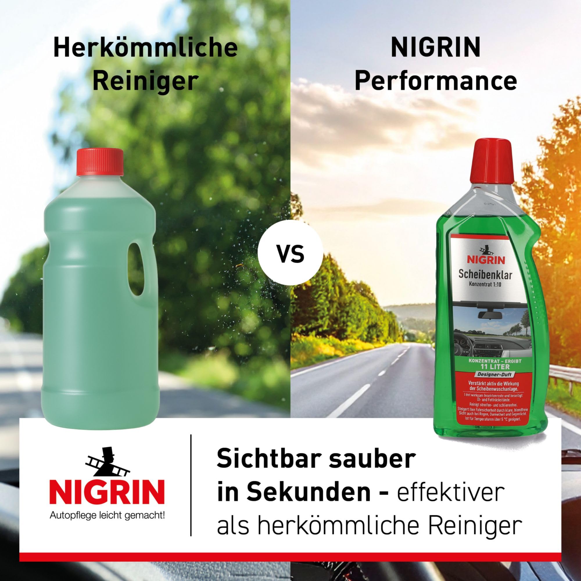 NIGRIN Scheibenklar Konzentrat 1:10 Designer Duft | 1 Liter | Reinigungszusatz für Autoscheiben und Scheinwerfer | entfernt Insekten, Öl, Fett | schlierenfrei | verhindert Streulicht | ab 5 °C 2