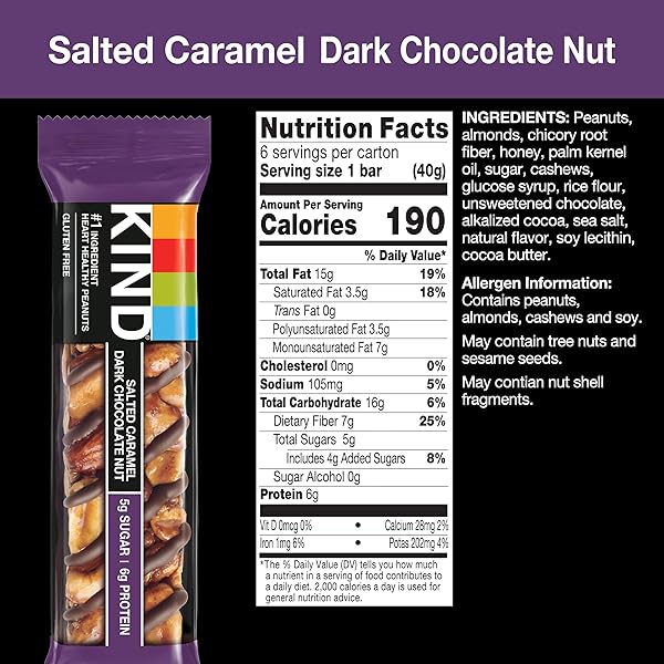 KIND HEALTHY SNACKS BARS, SALTED CARAMEL DARK CHOCOLATE NUT, GLUTEN FREE, LOW SUGAR, HIGH FIBER SNACKS, 6G PROTEIN, 6 COUNT