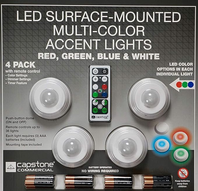 Capstone LED Surface Mounted MultiColor Accent Lights, 4 Pack and Remote Control