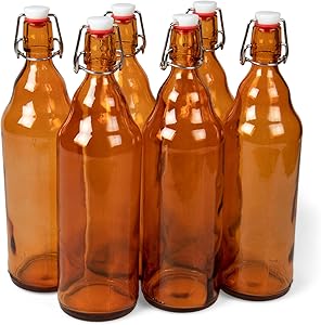 33 oz. Amber Glass Grolsch Beer Bottles, Quart Size – Airtight Seal with Swing Top/Flip Top - Supplies for Home Brewing & Fermenting of Alcohol, Kombucha Tea, Wine, Homemade Soda (6-pack)
