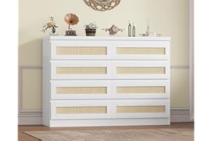 GarveeTech Modern 8 Drawer Rattan Dresser - Wide Double Chest of Drawers - Farmhouse Accent Storage Cabinet for Bedroom, Clos