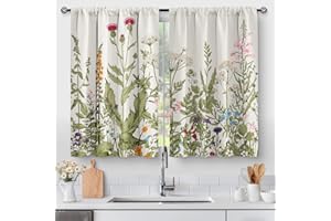 AIMEGO Floral Rustic Plant Kitchen Curtains - Spring Flower Botanical Vintage Farmhouse Country Green Leaves Cafe Short Tier Curtains Decor Wildflower Rod Pocket Window Drapes 36 Inch Length 2 Panels Set