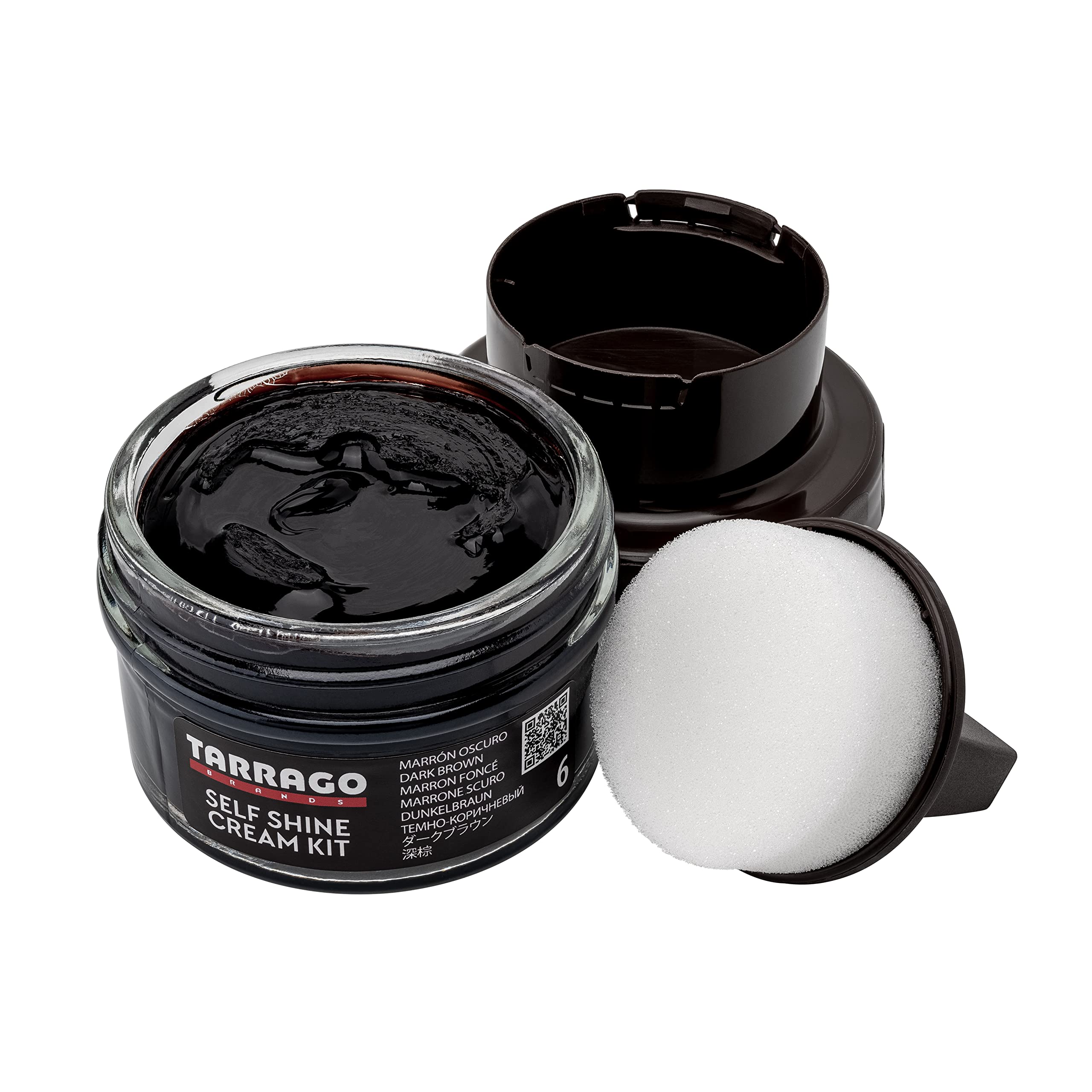 Tarrago Self Shine Cream Kit 50 ml | Nourishing Cream of Natural Waxes For Shining Leather, Smooth, Natural or Synthetic Leather Footwear | With Sponge Applicator ((06) Dark Brown)