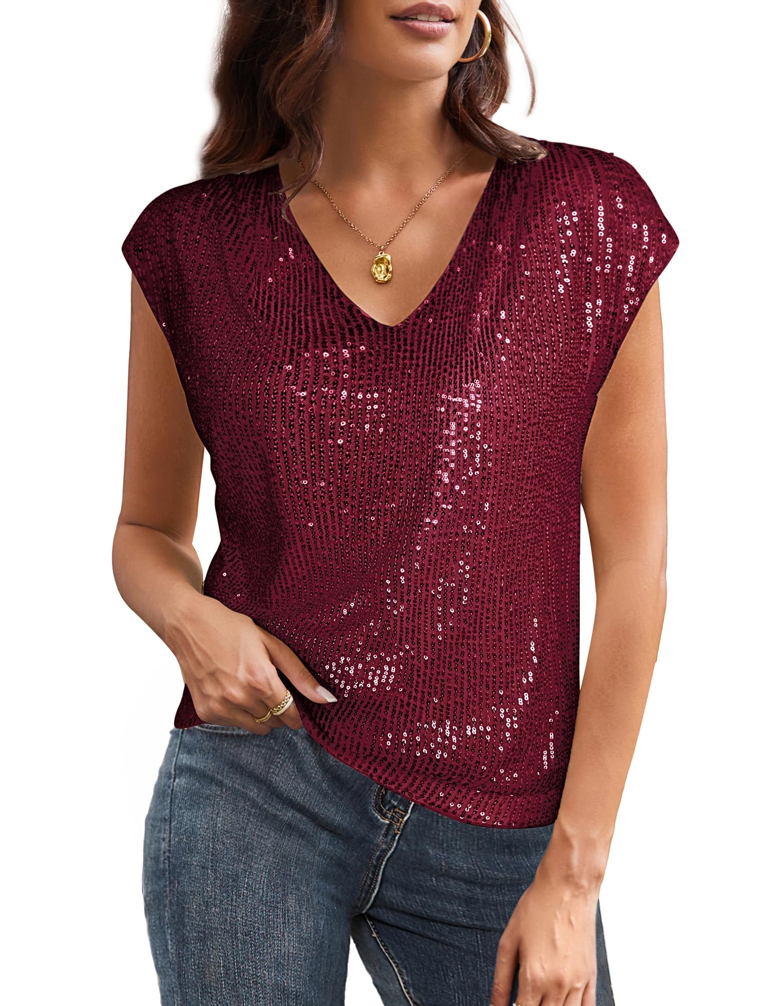 Photo 1 of GRACE KARIN Women Wine Red Metallic Top Elastic Glitter Top Simple for Formal Wear L