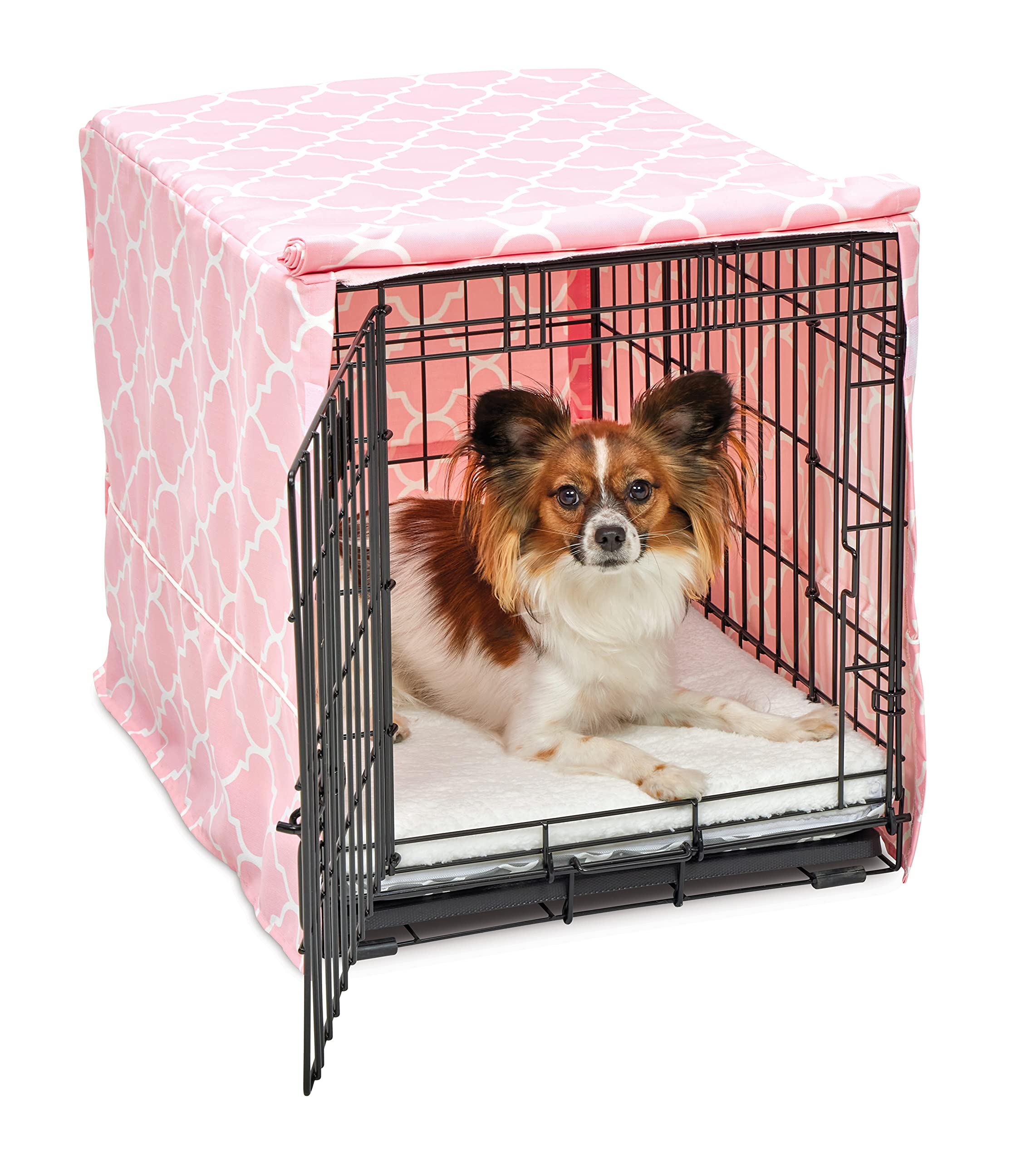 New World Small Dog Crate Cover Featuring Teflon Fabric Protector, Poly-Cotton Privacy Kennel Cover Fits Most 61cm Crates, Pink Designer Print, Machine Washable, Reduces Barking