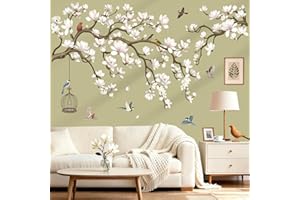 wondever Magnolia Flowers Wall Stickers Decor White Floral Branch Birds Peel and Stick Decals Wall Art for Living Room Bedroo
