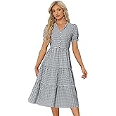 Allegra K Gingham Dress for Women 2026 Summer Short Sleeve Ruffle Trim V Neck Button Decor Flowy Midi Dresses