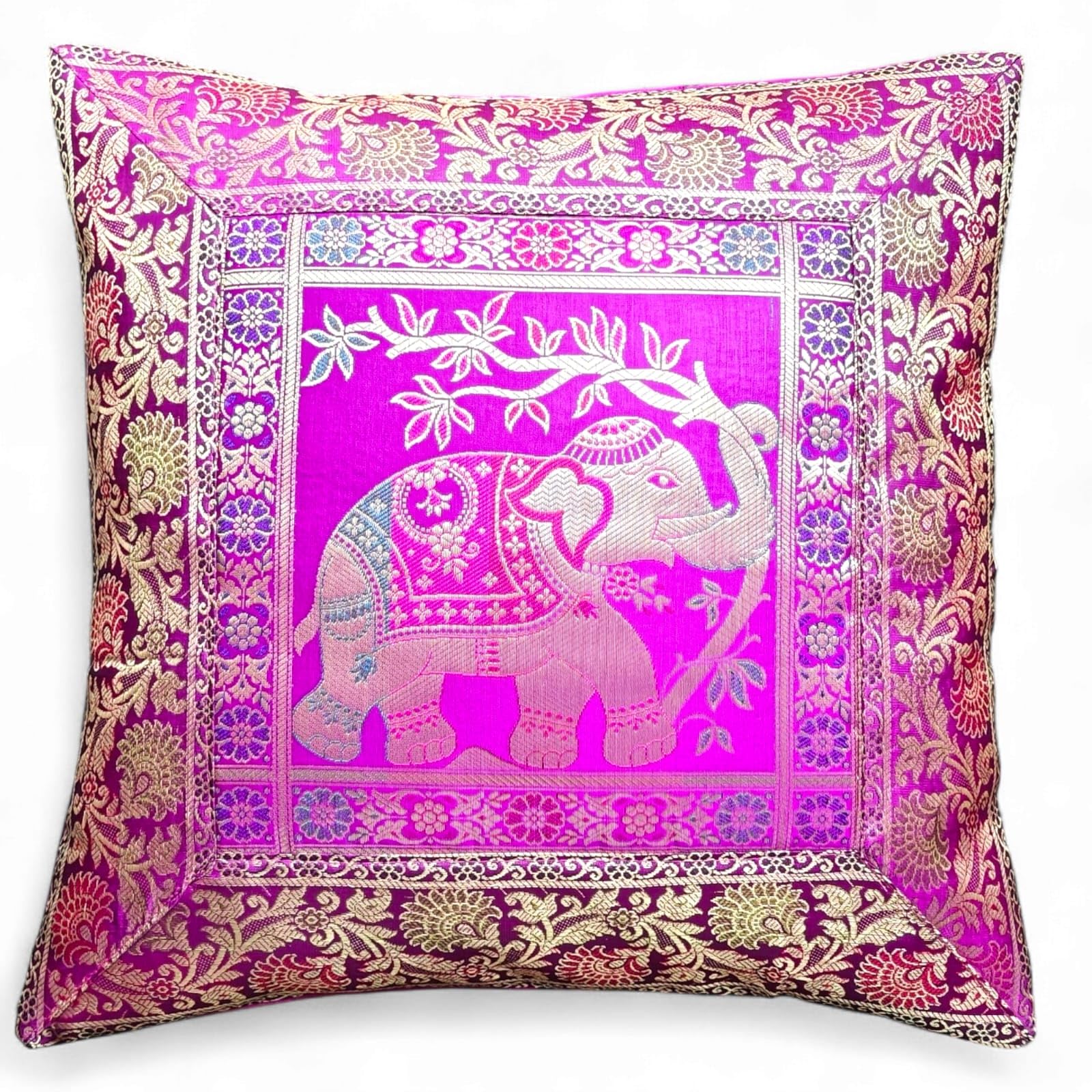 Original Kikan Indian Elephant Mandala Silk Cushion Covers Sari Brocade Boho Home Decor Cushion- Pillow Cases 16”x16” Zip Closure Banarsi | Ethnic - Handmade - Patchwork (Magenta Pink)