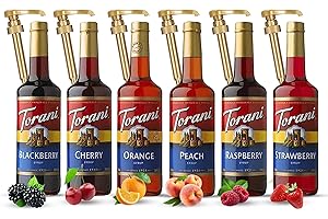Jimoco Syrup Pump & Torani Syrup Bundle - Fruit Bowl Syrup 6 Pack Summer Flavors, Raspberry, Strawberry, Blackberry, Cherry, Orange and Peach - For Italian Soda Coffee, Lattes, Frappes With 6 Pump Dispensers