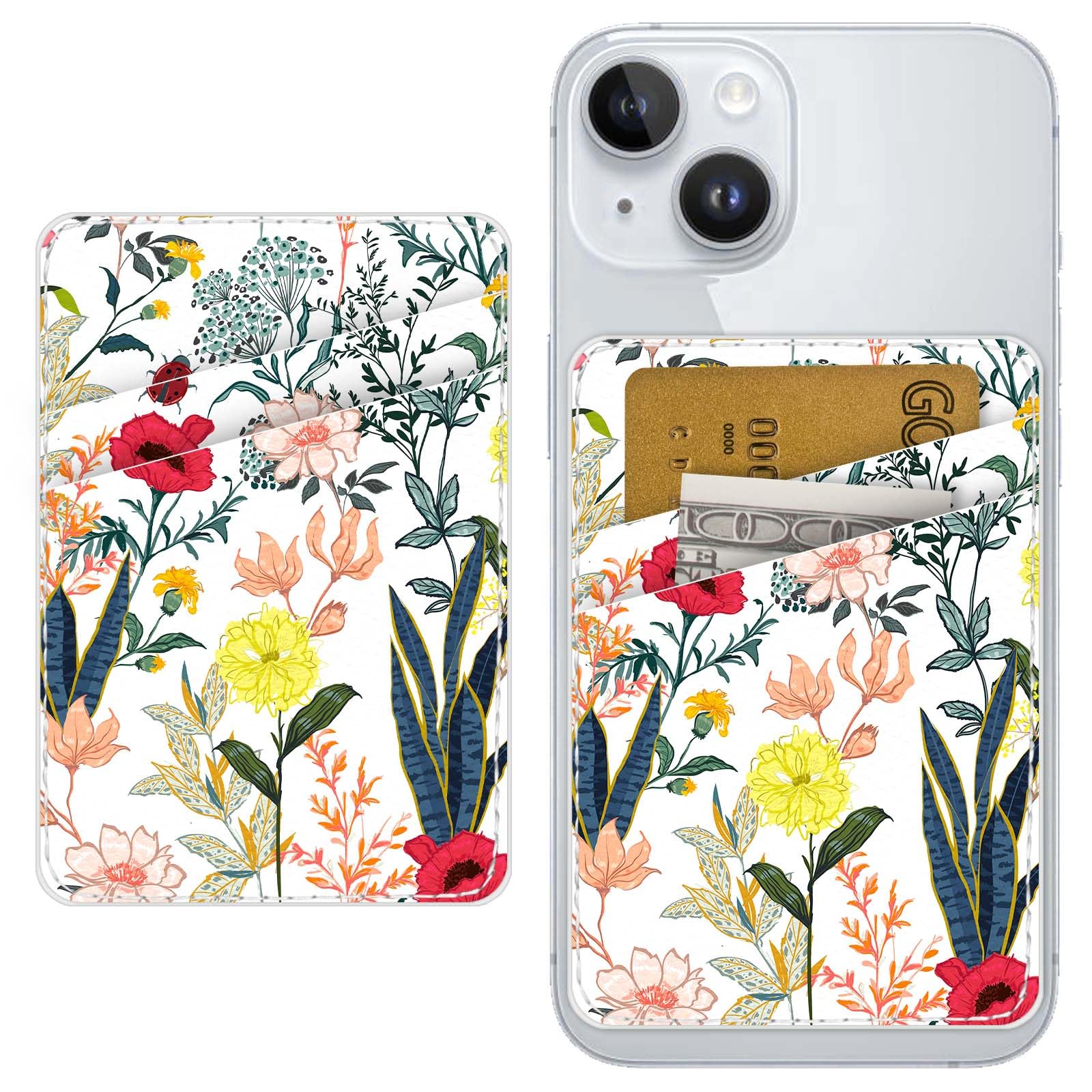 TIHYWR Leather Phone Wallet Stick on ，Card Holder for Phone Case，Credit Card Back Paste Wallet，Suitable for iPhone, Samsung, Android and Most Smart Phones，Red flower