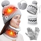 USB Heated Hat Scarf Set Winter Knitted Beanie Hats Touch Screen Gloves Ear Muffs Warm Gloves Neck Warmer for Women Men, Gray