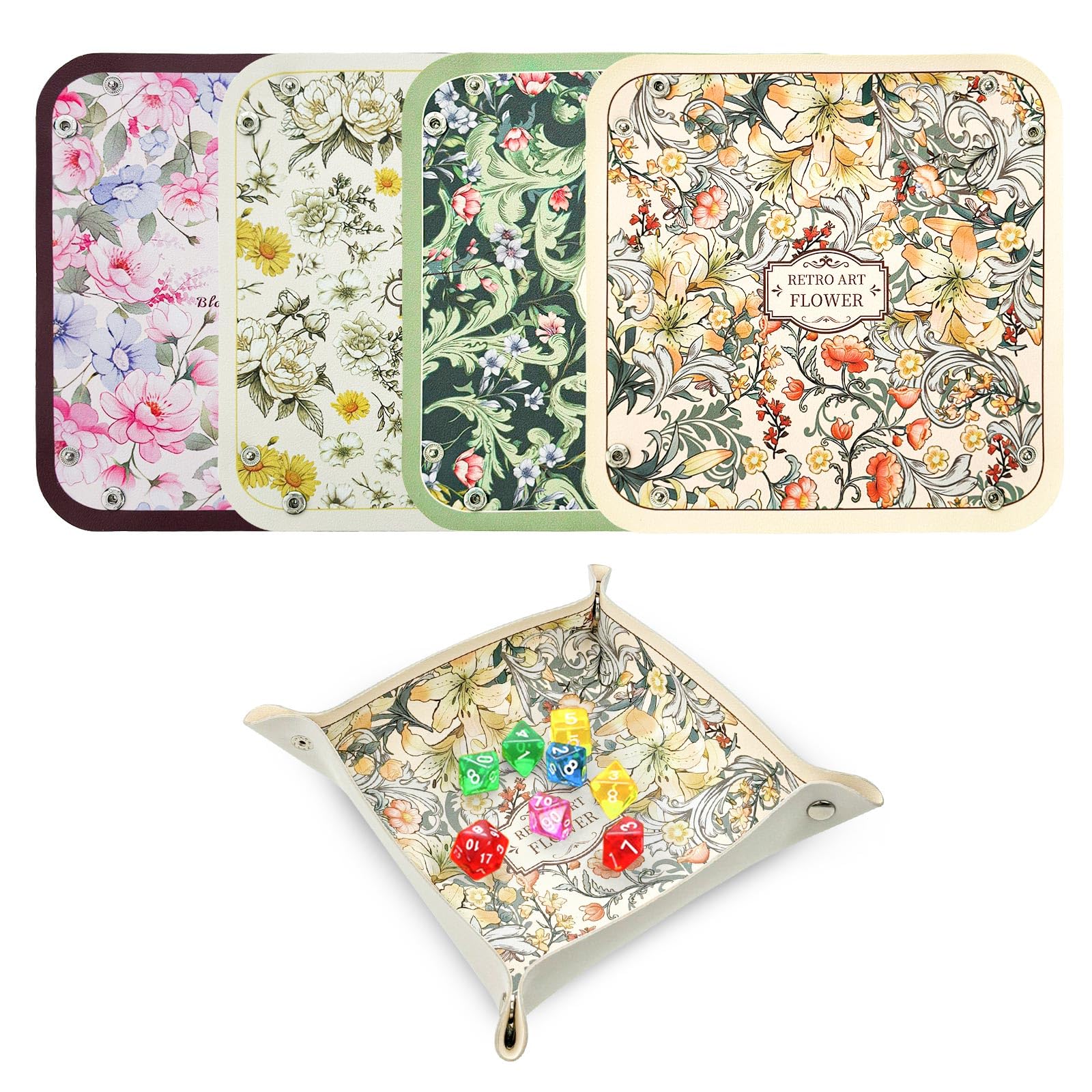 LELE LIFE 4 Pack Dice Tray for Rolling, Vintage Flower Folding Dice Box Tabletop Mat, PU Leather Board Game Storage Holder for DND Accessories