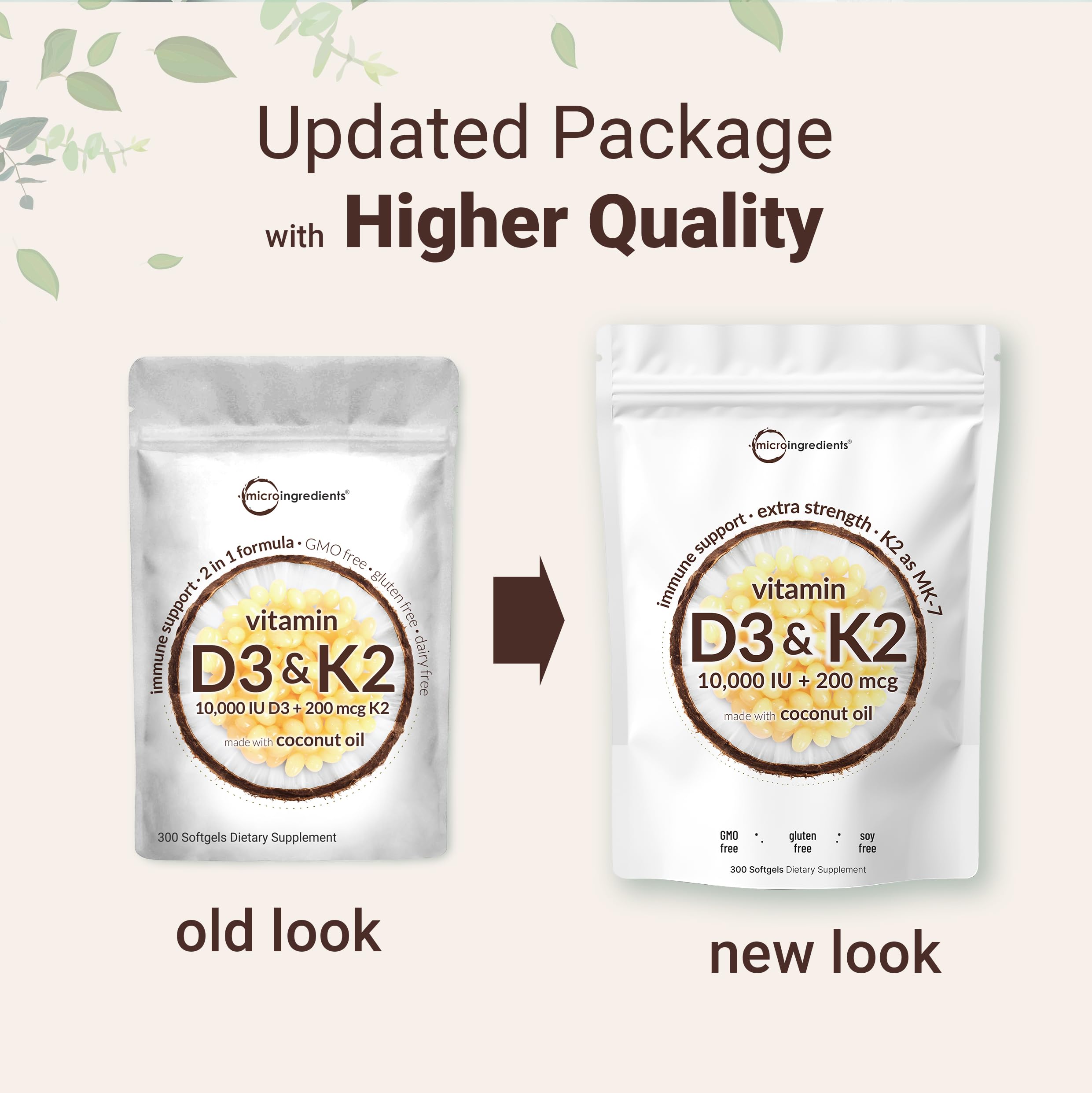 2 Pack Vitamin D3 10000 iu Plus K2 (MK-7) 200 mcg, 300 Virgin Coconut Oil Softgels | 2 in 1 Vitamins D & K Complex | Supports Calcium Absorption, Bone, Immune, & Heart Health – Easy to Swallow