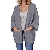 Athlisan Women's Oversized 3/4 Sleeve Open Front Knit Outwear with Pockets(Darkgrey-M)