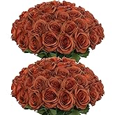 Lcuasc 50pcs Artificial Roses Flowers in Bulk,Realistic Silk Fake Rose with Long Stem for Wedding Centerpieces Bouquet Party Floral Arrangement Home Decoration (Burnt Orange)