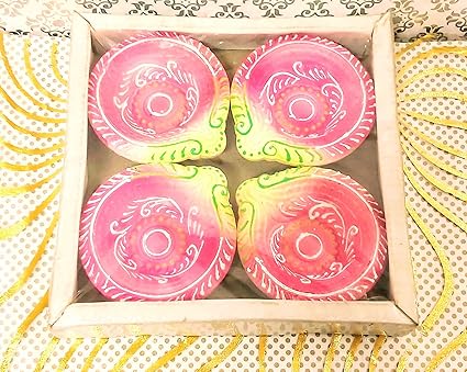 Diwali Diya: Flower Basket Diwali Diya Set of 4 | Handmade | Earthen Clay Terracotta | Decorative Diya | Festival Diya Oil Lamps | Multicolor