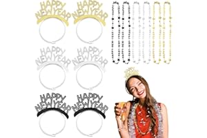 VioraWhite New Years Eve Party Supplies 2026 with Happy New Year Headband Tiara and Necklaces in Black, Gold and Silver