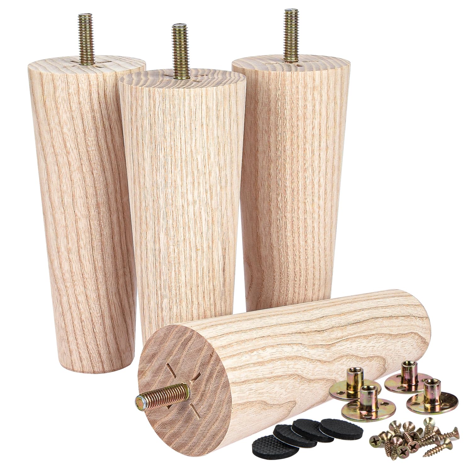 Photo 1 of 8 inch Unfinished Ash Wood Furniture Legs, LAVANE Set of 4 Mid-Century Modern Tapered Wooden Replacement Feet with Pre-Drilled 5/16 Inch Bolt & Mounting Plates for Sofa Couch Bed Armchair Ottoman