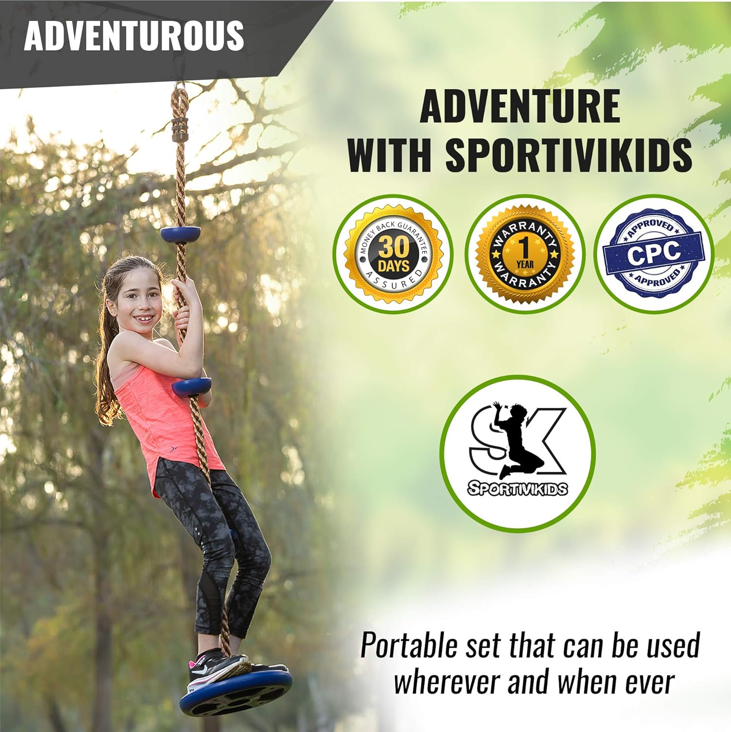Sportivikids Climbing Rope Tree Swing with Platforms and Disc Swings Seat, Climbing Ladder for Treehouse and Backyard Tree Use, Strong Hanging Buckle, Fun Kids Outdoor Accessory Playset, Gift Box: Toys & Games