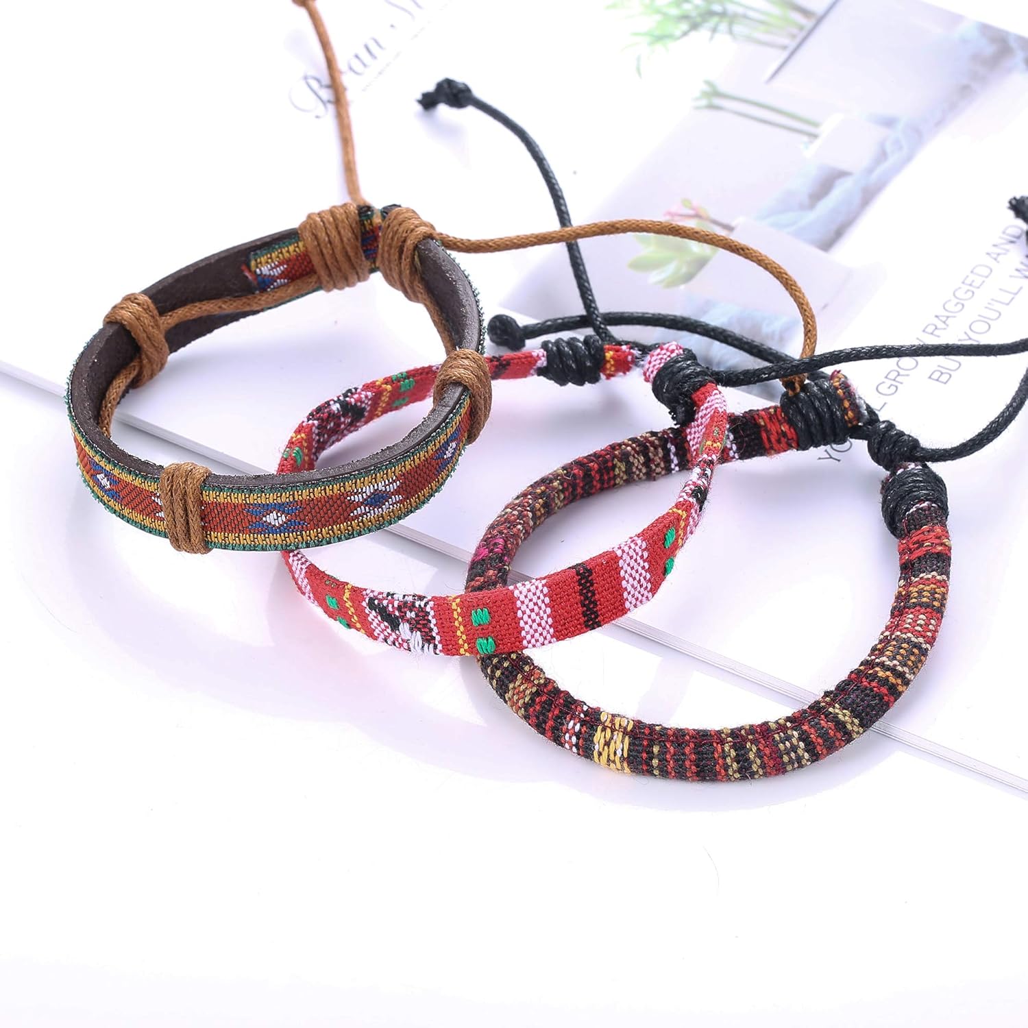 Finrezio 24 Pcs Braided Leather Bracelet Set for Women Men Wristbands Boho Ethnic Tribal Linen Hemp Cords Beads Wrap Bracelets String Handmade Jewelry: Jewelry