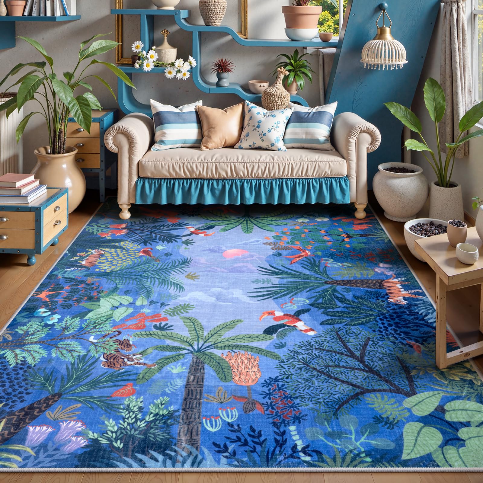 Photo 1 of LIVEBOX Washable Jungle Animal Print 5x7 Blue Rug for Living Room, Non-Slip Kids Bedroom Rugs for Boy Playroom Kid Baby Room, Soft Stain Resistant Blue and Green Rug for Nursery Boy Dining
