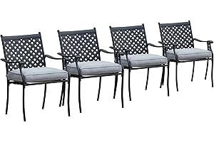 LOKATSE HOME 4 Piece Outdoor Patio Metal Wrought Iron Dining Chair Set with Arms and Seat Cushions - Grey