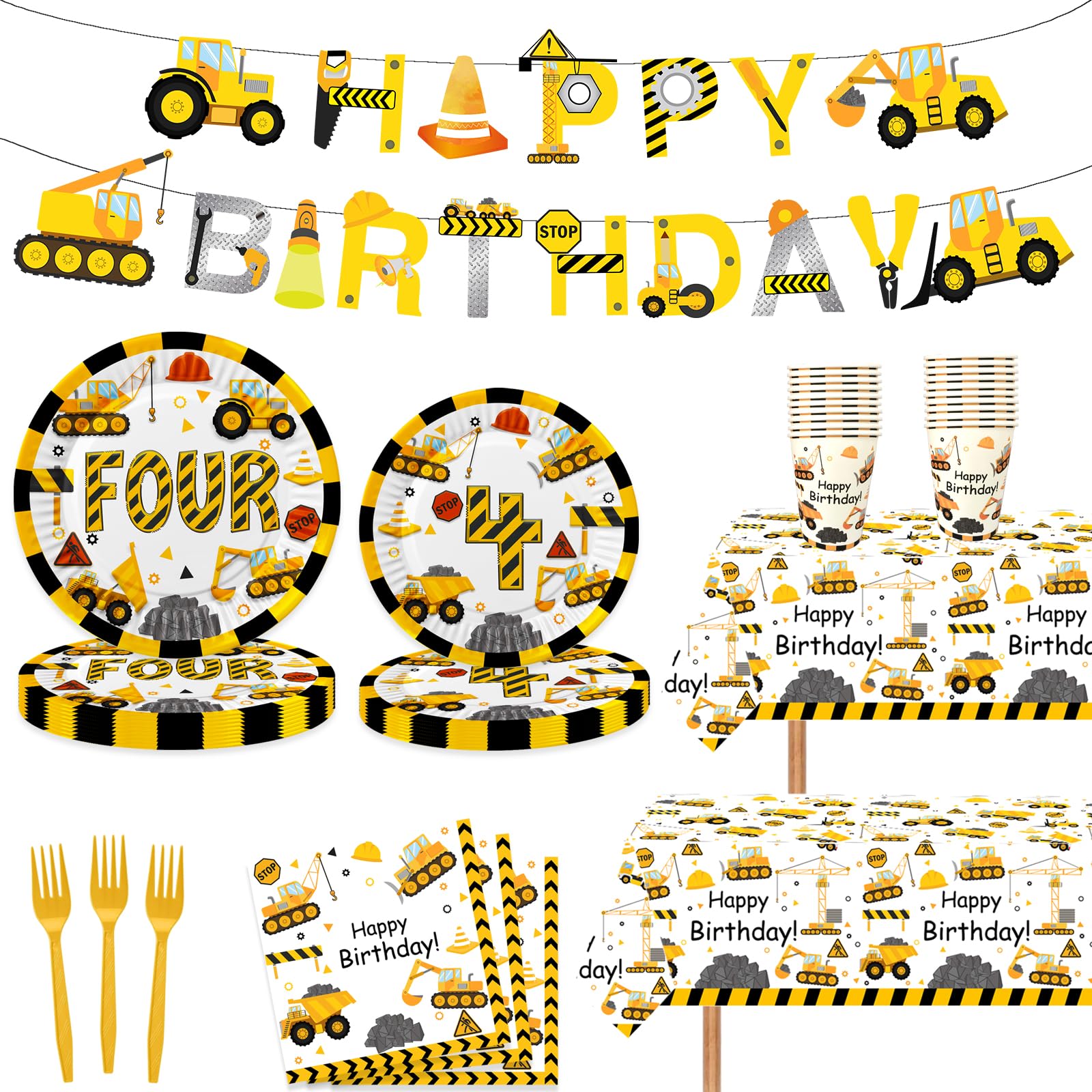 Photo 1 of 118 Pcs Construction 4th Birthday Decor Construction Four Years Old Paper Dinner Plates Napkins Forks Cups Tablecloth Banner Dinnerware for Dump Truck Theme Fouth Bday Party Supplies Decorations