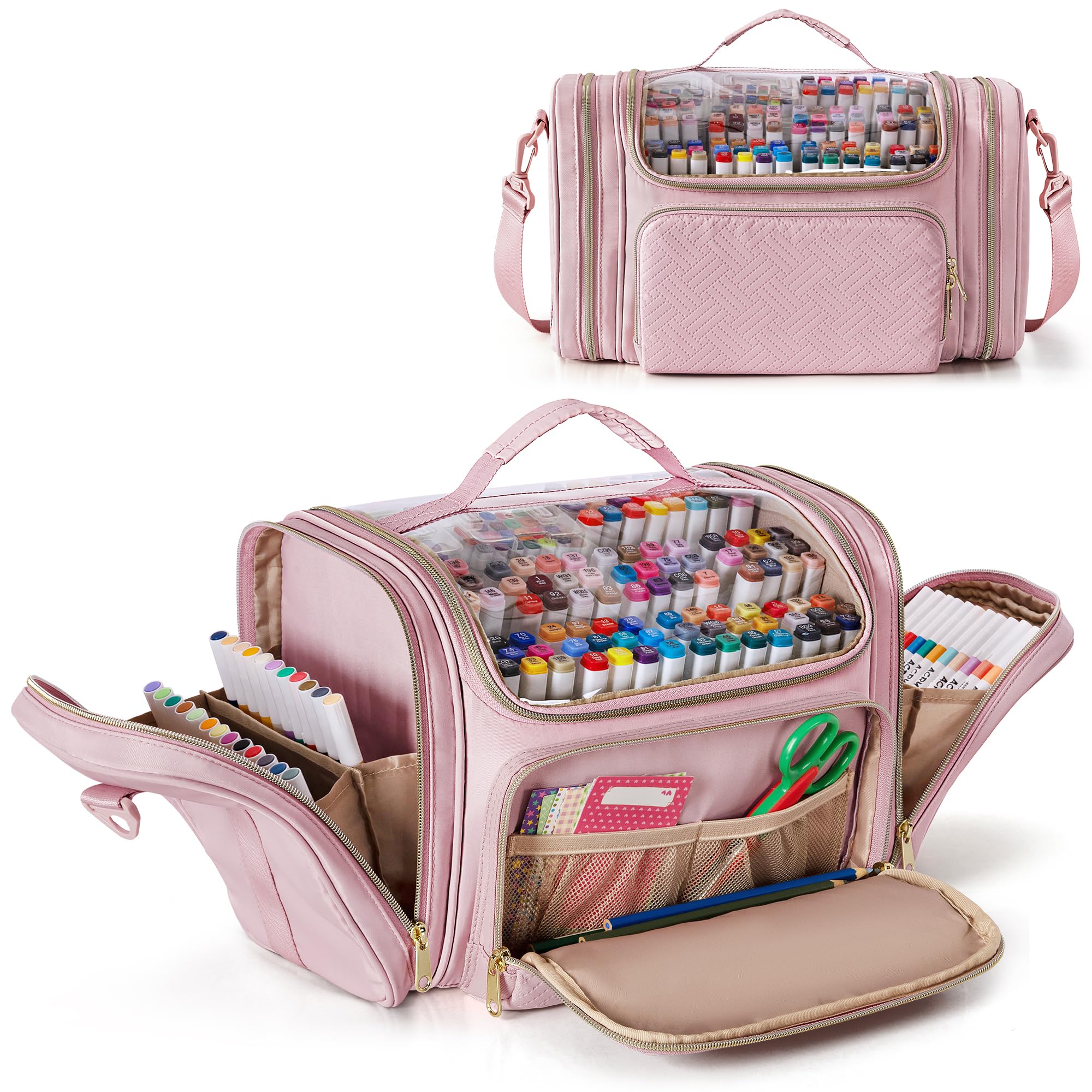 Photo 1 of Rexmica Marker Organizer Bag for 180-300 Markers, Large Marker Storage Case with Detachable Divider for Adults, Markers Travel Holder Case Bag for Various Markers or Other Art Craft Supply, Pink