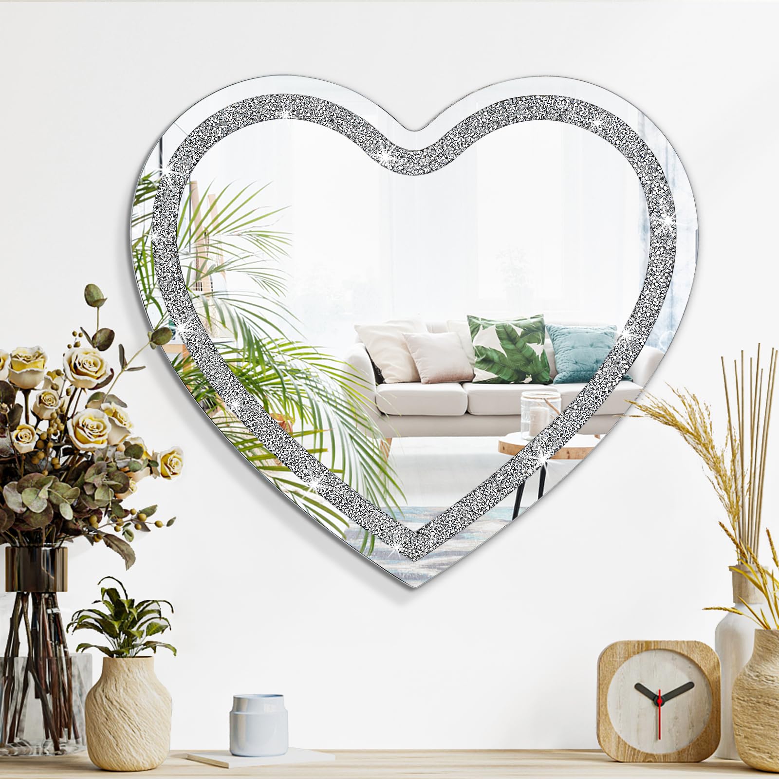 Crystal Wall Mirror Crush Diamond Hanging Frameless Silver Heart Shaped Mirror for Vanity, Bedroom, Living Room, Bathroom, Hallway Decor