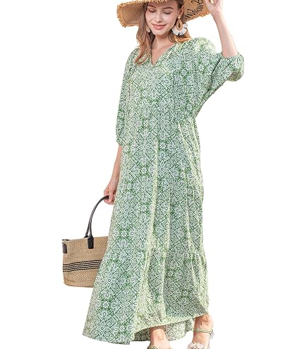 Pink Block Printed Summer midi Dress Indian Cotton Floral Daily wear Tunic for Women Gift fo her at Amazon Women's Clothing store