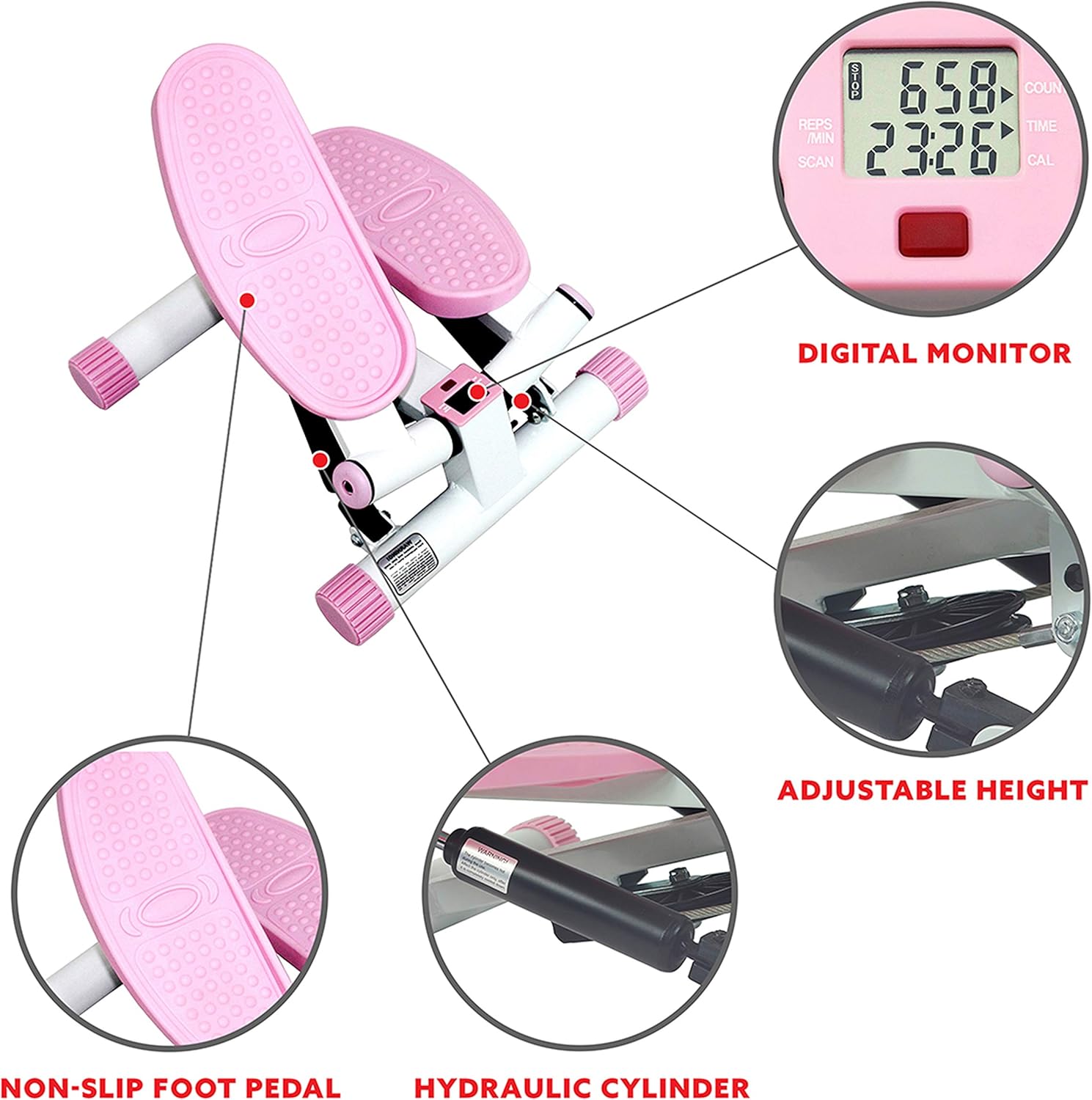 Sunny Health and Fitness Adjustable Twist Stepper, Pink : Step Machines : Sports & Outdoors