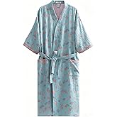 ENGLUCK Cotton Gauze Robe for Wome Plus Size Kimono Robe Muslin Bathrobe with Belt Pocket Loungewear Yukata Sleepwear