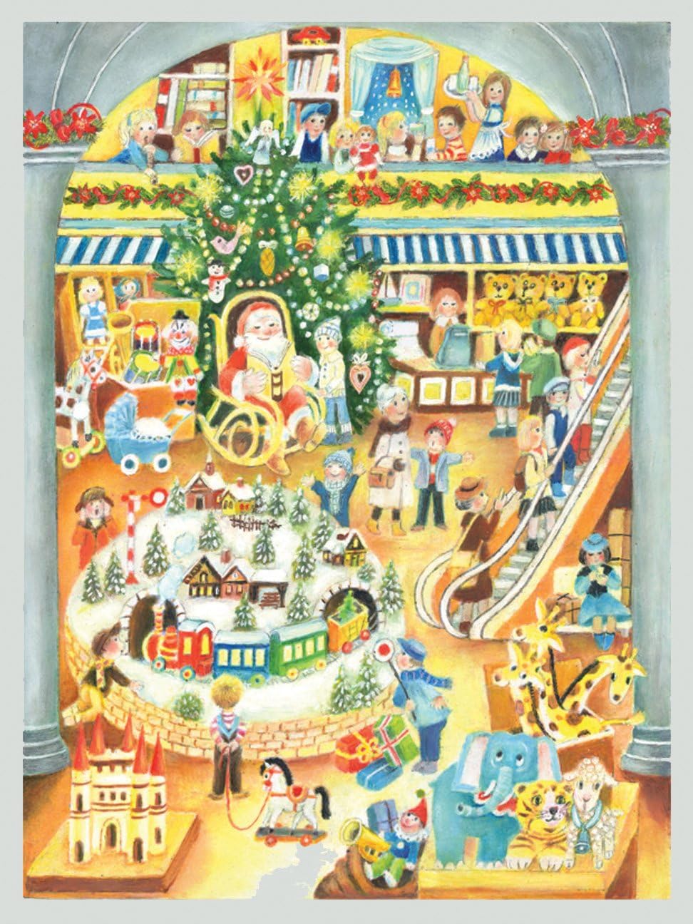 RS 70124 Large Advent Calendar 24 doors 355 x 260 mm - Festive Advent Calendar Father Christmas Children Toys and Train - Advent Calendar - with glitter and translucent windows - RS 70124