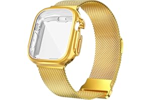 Geoumy Metal Magnetic Bands Compatible for Apple Watch Ultra 49mm with Case, Stainless Steel Milanese Mesh Loop Replacement Strap Compatible with iWatch Series Ultra 1 Ultra 2 for Women Men, Gold