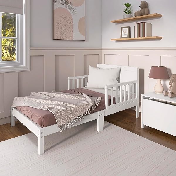 DREAM ON ME BROOKSIDE WOODEN TODDLER BED IN VINTAGE WHITE OAK, GREENGUARD GOLD & BSA CERTIFIED, KIDS BED WITH SAFETY RAILS, LOW-TO-FLOOR DESIGN, NON-TOXIC PINEWOOD FINISH