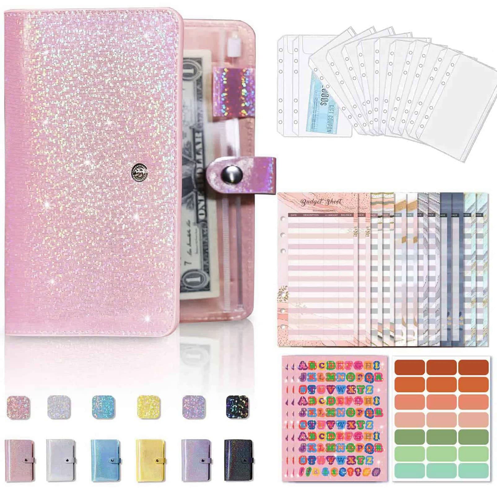 Budget Binder/Money Saving Wallet for Cash Stuffing Savings/Budgeting, Small A6 6 Ring Budget Book Planner Organiser PU Leather with Money Folder/Cash&Bill Envelopes & Expense Budget Sheets, Pink