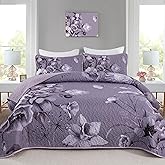 Floral Quilt Set Queen 3 Pieces Dark Purple Boho Flower Quilt Coverlet Set Soft Microfiber Lightweight Floral Quilted Bedspread with 2 Pillow Shams for All Season 90"x96"