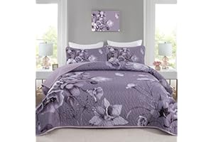 DRUCON Floral Quilt Set Queen 3 Pieces Dark Purple Boho Flower Quilt Coverlet Set Soft Microfiber Lightweight Floral Quilted Bedspread with 2 Pillow Shams for All Season 90"x96"