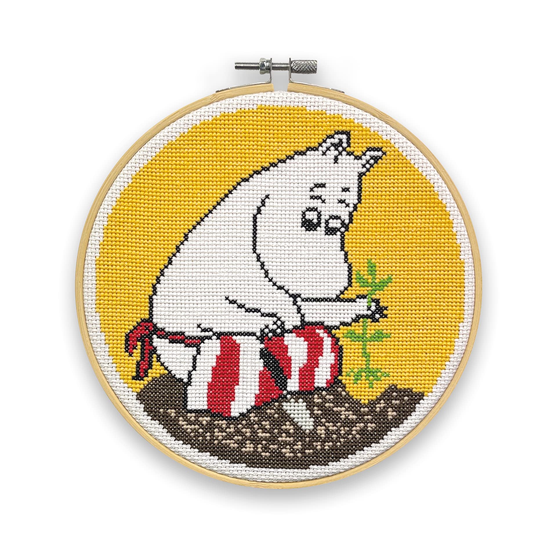 The Crafty Kit Company Moomin Cross Stitch Craft Kit - Moominmamma Planting Craft Kit for Beginners with Needles, Thread, Fabric and a Beginner's Guide