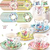 SUMMORO 160 Pcs Floral Paper Tea Cups and Saucers 7 OZ Disposable Paper Tea Cups with Handle and Plates for Tea Party Decoration Birthday Baby Shower Bridal Wedding Mother's Day