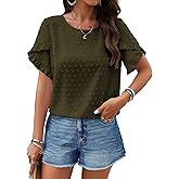 PRETTYGARDEN Women's Tops 2026 Summer Ruffle Short Sleeve Crewneck Blouses Swiss Dots Solid Loose Tunics Work Shirts