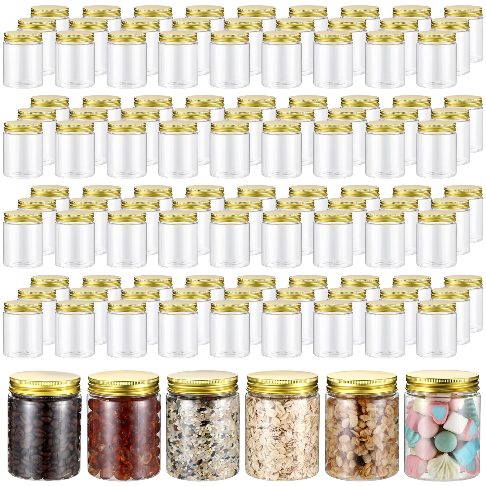 Photo 1 of Wesiti 60 Pcs 8 oz Clear Plastic Mason Jars Containers With Screw on Gold Lids Refillable Round Empty Plastic Jars Storage Containers Reusable for Kitchen Household Dry Food Storage Honey Herb Nuts