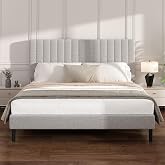 Queen Linen Bed Frame with Vertical Channel Tufted Headboard Light Grey | Upholstered Platform Bed, No Box Spring Needed, Noise-Free, Strong Wooden Slat, Durable Metal Frame, Easy Assembly
