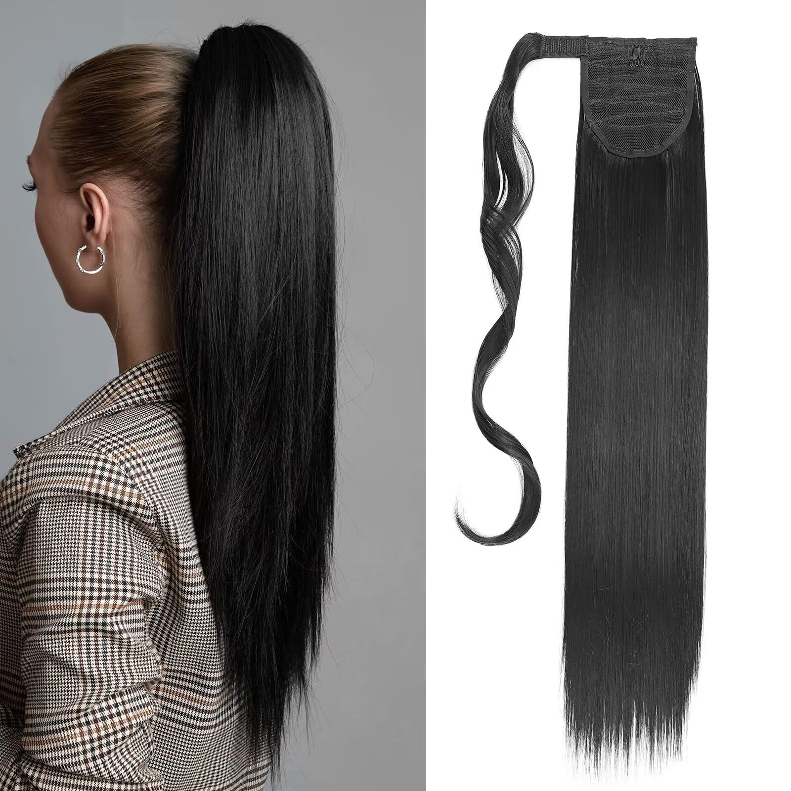 Silk-co 26" Natural Black Ponytail Hair Extension Clip in on Pony Tail Synthetic Straight Hairpiece — image 1